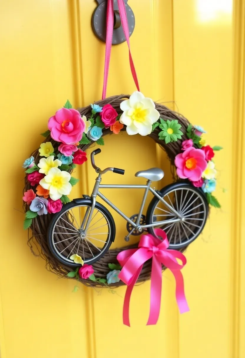 10 Stunning Spring Front Door Wreaths That Will Make Your Neighbors Green with Envy! - 9. Charming Vintage Bicycle Wreath