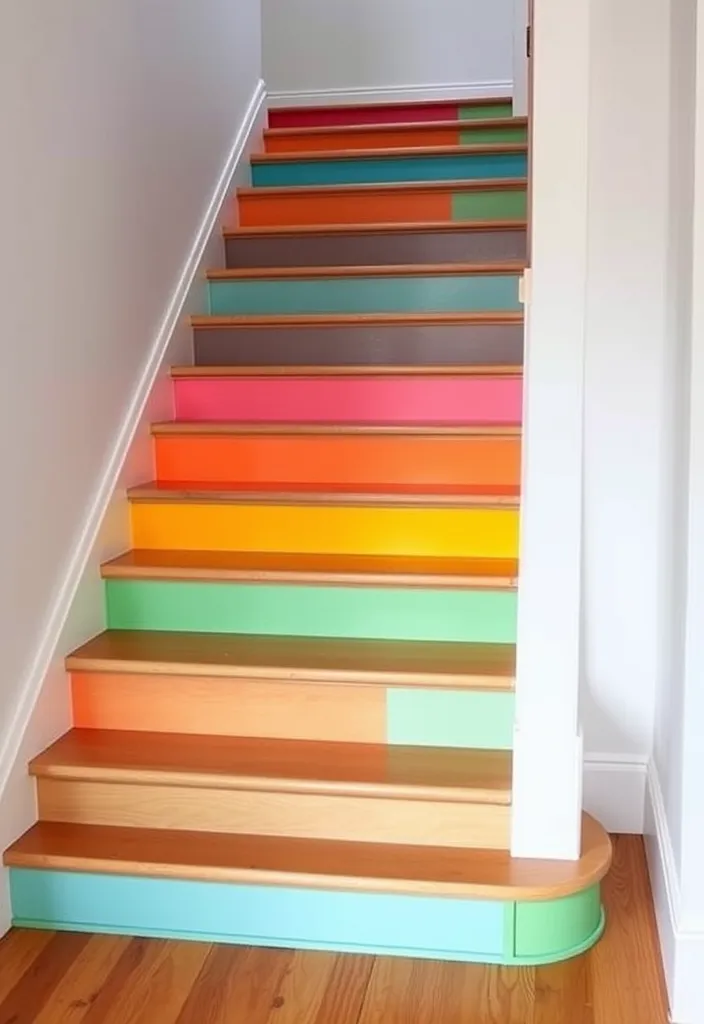 14 Vibrant Colourful Staircase Ideas That Will Brighten Your Home! - Bright Painted Risers: A Pop of Color