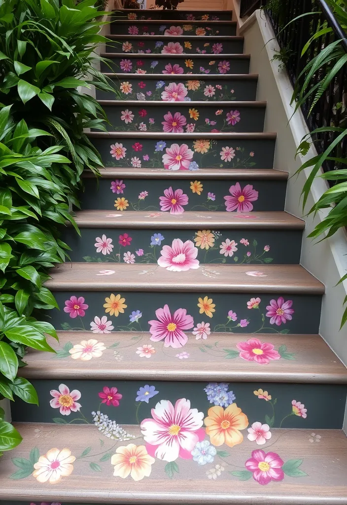 14 Vibrant Colourful Staircase Ideas That Will Brighten Your Home! - Floral Inspiration: Nature's Touch