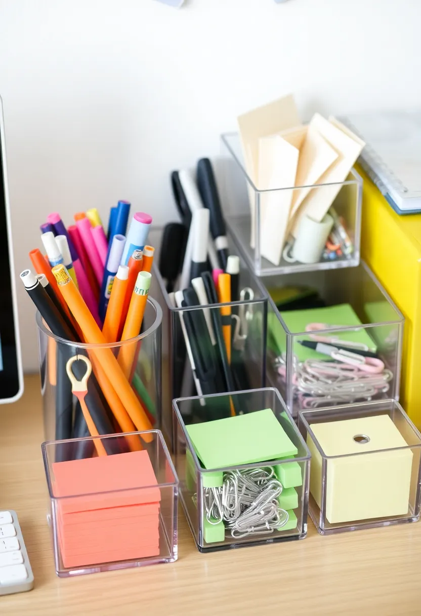 15 Workspace Organisation Hacks for Small Spaces That’ll Change Your WFH Game! - 9. Use Clear Containers for Visibility