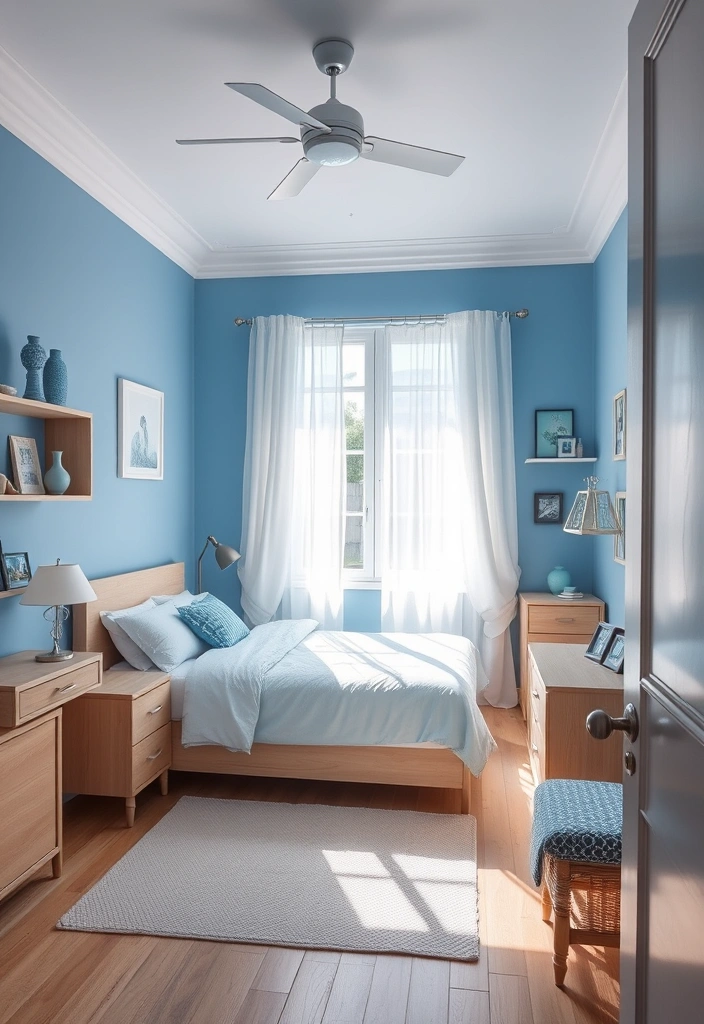 18 Stunning Blue Colour Schemes for Small Bedrooms That Create Ultimate Cozy Vibes! - 1. Serene Sky Blue and White