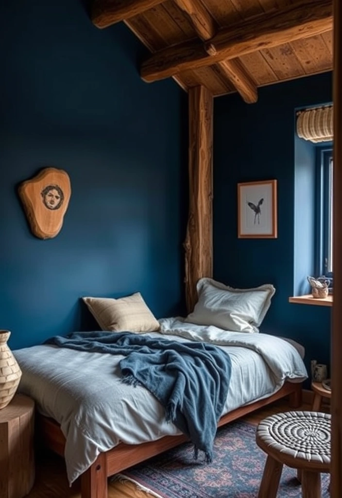 18 Stunning Blue Colour Schemes for Small Bedrooms That Create Ultimate Cozy Vibes! - 11. Deep Blue and Earthy Tones