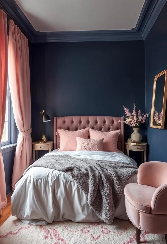 18 Stunning Blue Colour Schemes for Small Bedrooms That Create Ultimate Cozy Vibes! - 16. Midnight Blue and Blush Pink