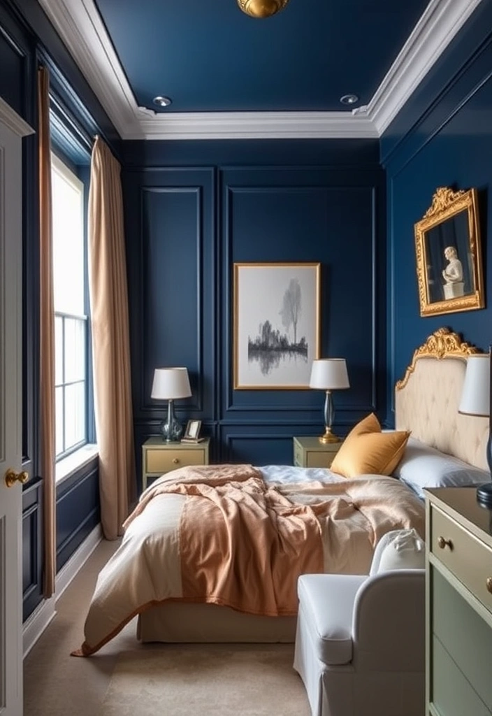 18 Stunning Blue Colour Schemes for Small Bedrooms That Create Ultimate Cozy Vibes! - 2. Bold Navy and Gold