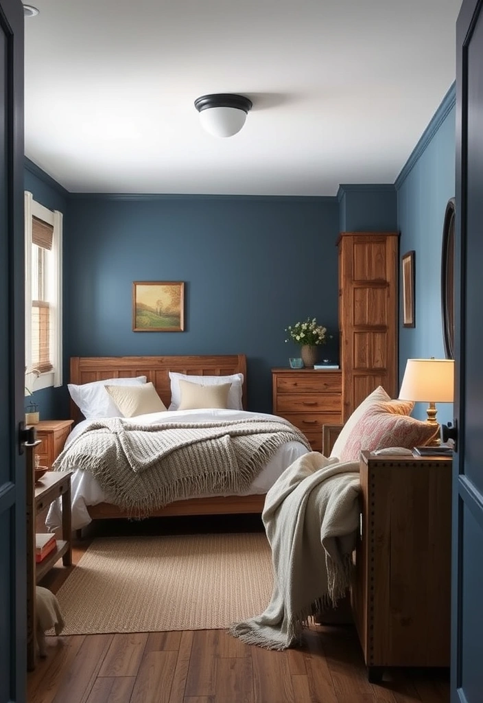 18 Stunning Blue Colour Schemes for Small Bedrooms That Create Ultimate Cozy Vibes! - 8. Denim Blue with Rustic Wood