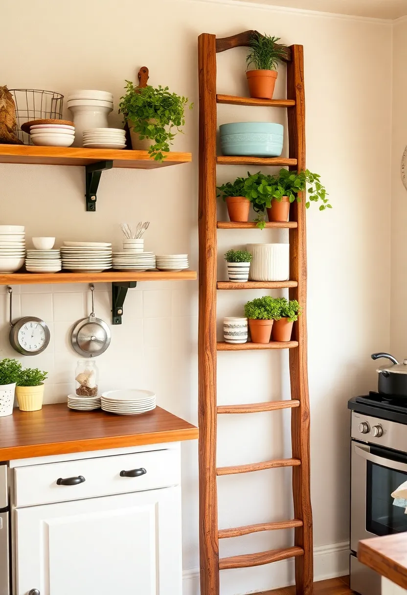 20 Kitschy Kitchen Storage Hacks That Are as Fun as They Are Functional (We Love 11!) - 9. Upcycled Ladder for Dish Storage