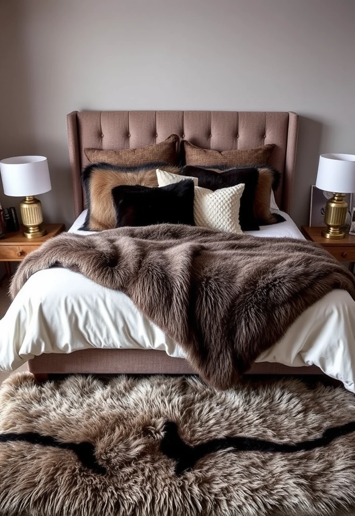 15 Cozy Bedroom Inspirations in Earthy Tones for the Perfect Modern Retreat! - 15. A Touch of Luxury with Faux Fur