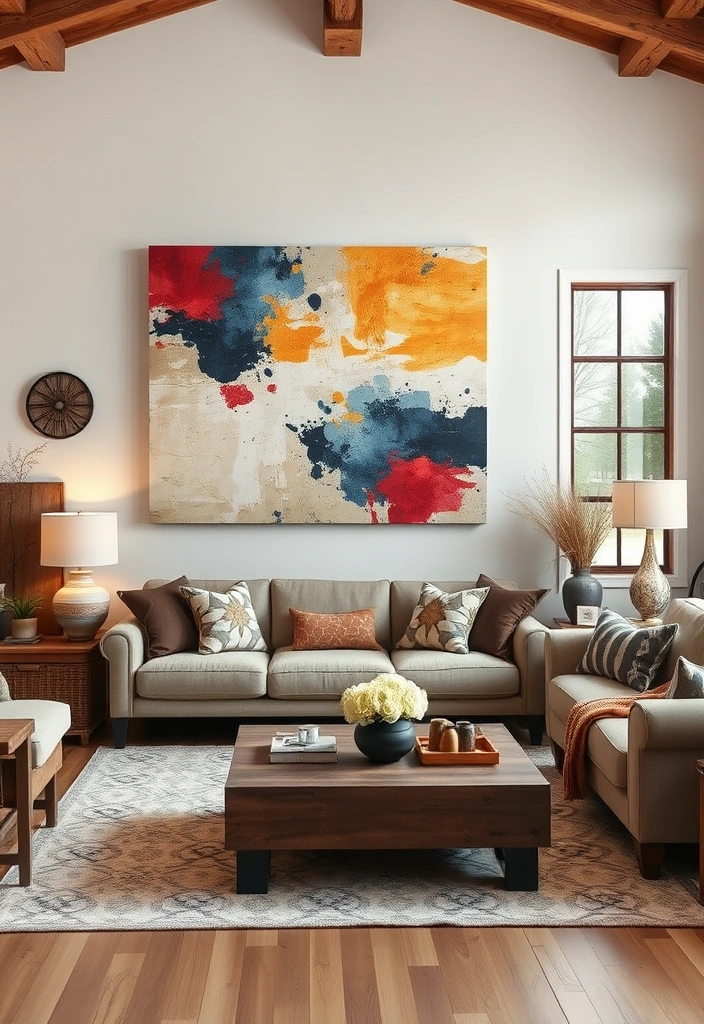 18 Rustic Living Room Ideas That Prove Industrial Can Be Cozy Too (Don’t Miss #7!) - 12. Statement Artwork